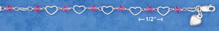 SILVER 6" HEART & PINK CRYSTAL LINK CHILD'S BRACELET W/ PUFF HEART DANGLE