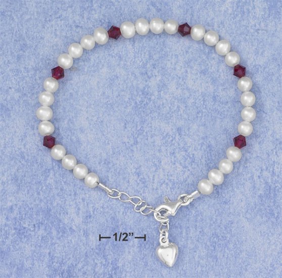 PEARL AND RED CRYSTAL CHILD'S BRACELET W/ PUFF HEART DANGLE