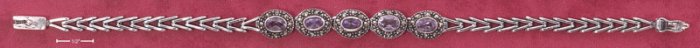7" V LINK BRACELET W/ MARCASITE BORDERED OVAL AMETHYSTS