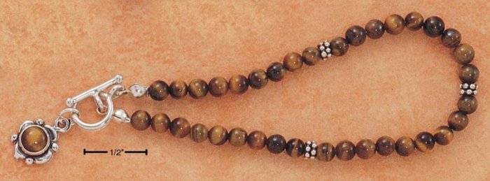 SILVER 7" TIGEREYE BEADS & FLOWER TOGGLE BRACELET
