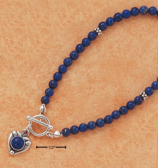 STERLING SILVER 7" LAPIS BEADS & HEART TOGGLE BRACELET