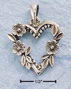 SILVER ANTIQUED OPEN HEART W/ 3 FLOWERS CHARM