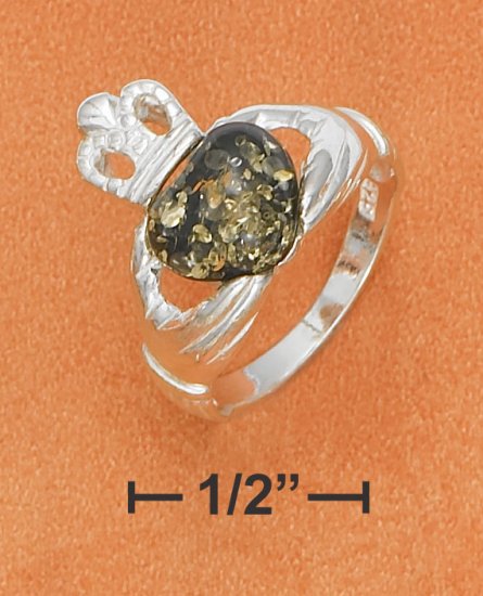 STERLING SILVER CLADDAGH RING W/ GREEN AMBER HEART.