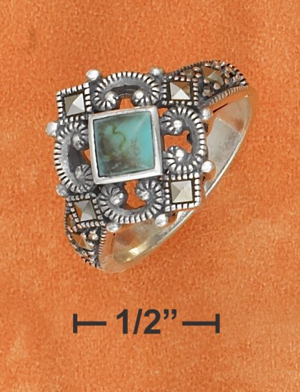 SILVER TURQUOISE W/ MARCASITE CHIPS SCROLL RING