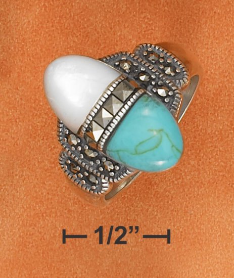 STERLING SILVER TURQUOISE/MOP/MARCASITE RING
