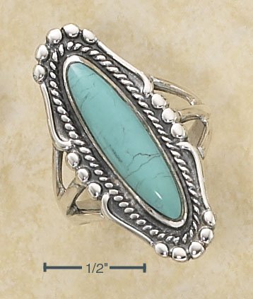 STERLING SILVER LONG OVAL TURQUOISE RING W/ ROPE & BEADED EDGING