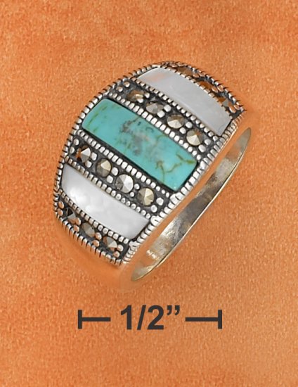 STERLING SILVER TURQUOISE/MOP/MARCASITE DOME RING