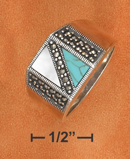 STERLING SILVER TURQUOISE/MOP/MARCASITE RING