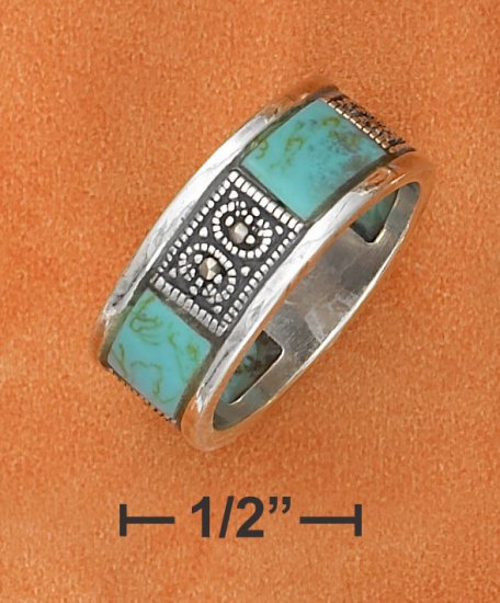 STERLING SILVER TURQUOISE & MARCASITE W/ 8MM BAND RING