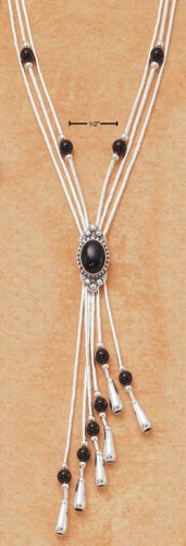STERLING SILVER 16" EXPANDABLE NECKLACE W/ ONYX BEADS & TASSEL