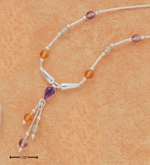 STERLING SILVER 16" AMETHYST AMBER AVENTURINE TASSEL NECKLACE