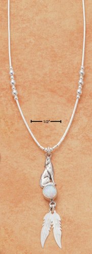 STERLING SILVER 16" NECKLACE W/ HOWLING WOLF LAB OPAL / FEATHERS.