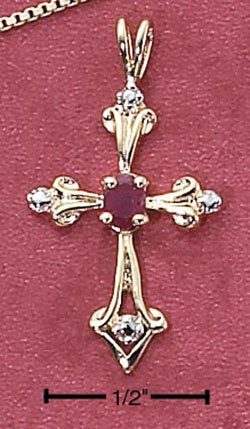 STERLING SILVER VERMEIL 18" BOX CHAIN W/ ROSE CROSS W/ GEN RUBY