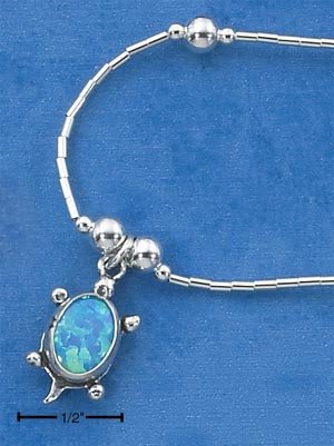 STERLING SILVER 16" LAB BLUE OPAL TURTLE CHARM NECKLACE W/ BEADS