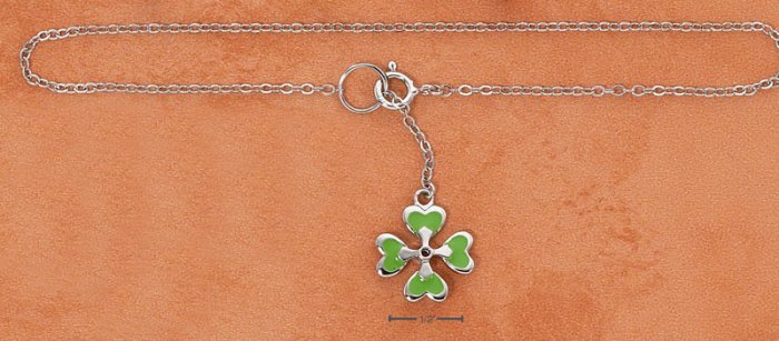 STERLING SILVER 9" ENAMEL GREEN FOUR LEAF CLOVER DANGLE ANKLET