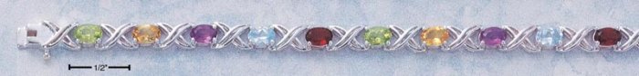 STERLING SILVER 7" OVAL MULTI GEMSTONE "X" BRACELET