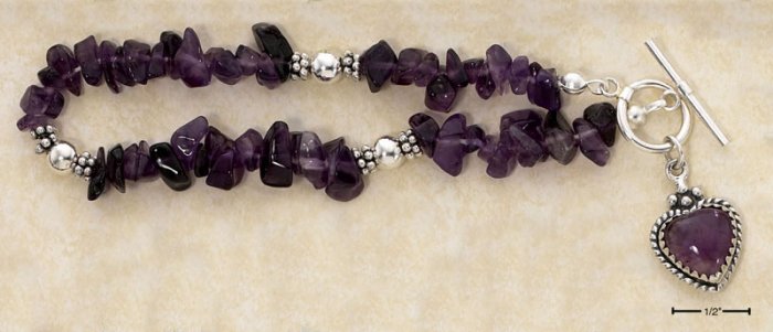 STERLING SILVER 7" AMETHYST CHIPS & AMETH HEART DANGLE TOGGLE BRAC
