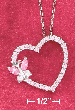 STERLING SILVER 18" NECKLACE W/PINK CZ HEART & BUTTERFLY SLIDE