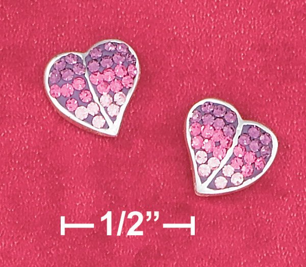 STERLING SILVER 8MM HEART EARRINGS W/VARIOUS PINK SHADES OF CZ'S ON POST