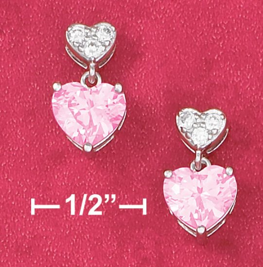 PINK PAVE CZ HEART WITH PINK ICE HEART POST DANGLE EARRINGS