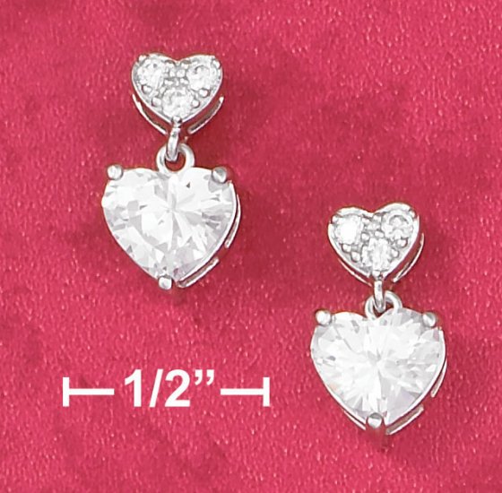 STERLING SILVER RP SMALL PAVE CZ HEART W/ LARGE CZ HEART POST DANGLE EARRINGS