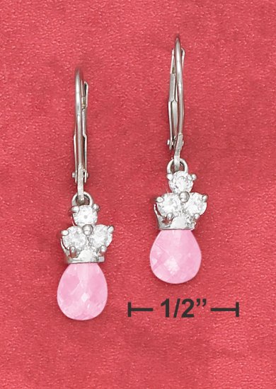 925 SILVER CZ LEVERBACK EARRINGS W/ PINK FACETED CZ TEAR
