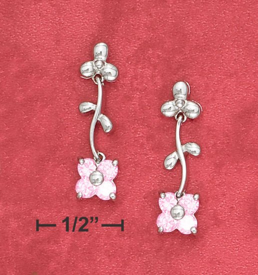 STERLING SILVER MOVEABLE PINK ICE FLOWER POST DROP EARS (APPROX 1")