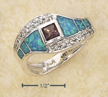 STERLING SILVER DESIGNER BLUE OPAL INLAYS W/ CZS / AMETHYST RING