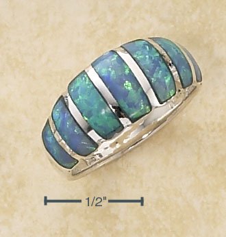 STERLING SILVER SEVEN STONE INLAY BLUE LAB OPAL DOME RING