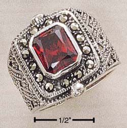 STERLING SILVER MARCASITE WIDE FILIGREE RING W/ LAB GARNET