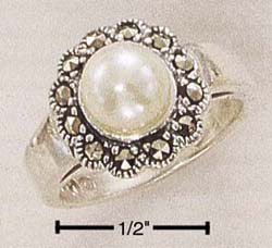 STERLING SILVER MARCASITE FLOWER WITH 7MM FAUX WHITE PEARL RING