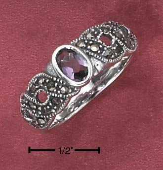 STERLING SILVER OPEN ROPE MARCASITE LAB AMETHYST RING