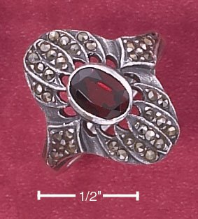 STERLING SILVER MARCASITE 1 CT OVAL GARNET RING