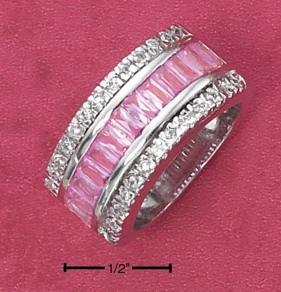 STERLING SILVER CHANNEL SET PINK BAGUETTES W/ PAVE CZ EDGES BAND