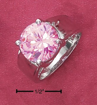 STERLING SILVER 3.5CT ROUND PINK ICE RING ON HIGH POLISH TAPERED BAND.