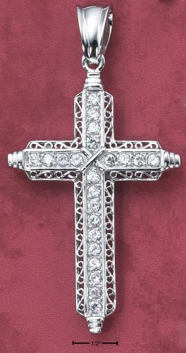 STERLING SILVER 3" CZ CROSS W/SCROLLED EDGES & CENTER "X" ON LG BAIL