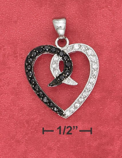STERLING SILVER OPEN HEART PENDANT WITH BLACK & WHITE CZ'S