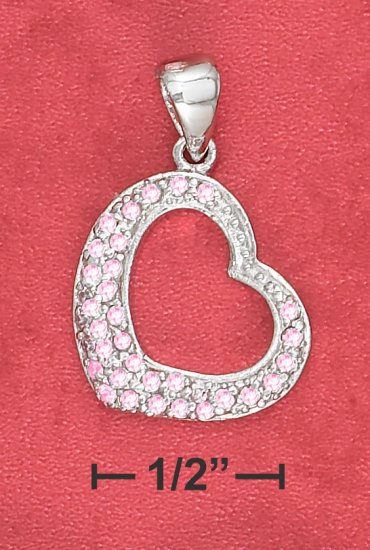 STERLING SILVER FAT BOTTOM OPEN HEART PINK ICE PAVE PENDANT