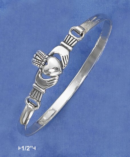STERLING SILVER ANTIQUED CLADDAGH BANGLE WITH LATCH HOOK CLOSURE