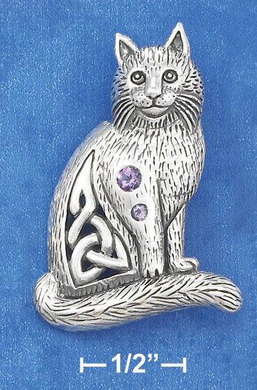 STERLING SILVER ANTQD 1.5" CELTIC CAT PENDANT W/ 2MM & 3MM ROUND AMETHYST STONES