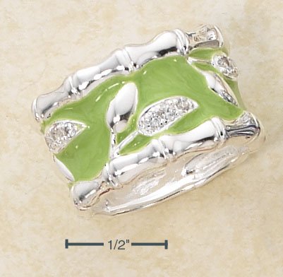 GORGEOUS STERLING SILVER ENAMEL LIGHT GREEN WIDE BAND RING