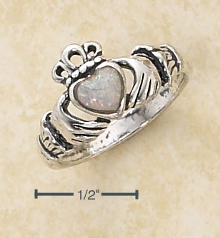 STERLING SILVER SMALL ANTIQUED CLADDAGH RING W/ WHITE OPAL HEART