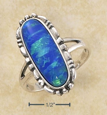 STERLING SILVER ELONGATED OVAL BLUE OPAL RING