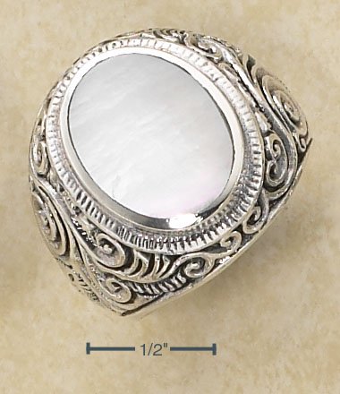 STERLING SILVER MENS LG BEZEL SET OVAL MOP RING W/ SCROLLED BAND