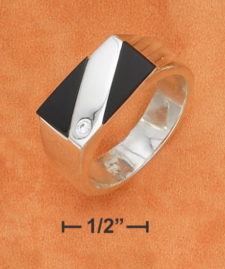 STERLING SILVER HP MENS RECTANGULAR ONYX RING W/CZ ACCENT