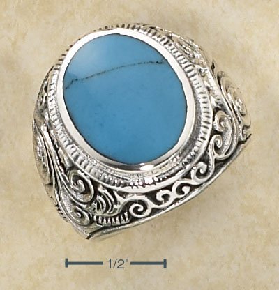 STERLING SILVER MENS LG BEZEL SET OVAL TURQUOISE RING W/ SCROLLED BAN