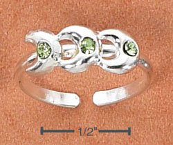 STERLING SILVER TRIPLE CRESCENT MOONS W/ GREEN CRYSTALS TOE RING
