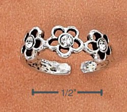 STERLING SILVER TRIPLE DAISY W/ 3 CLEAR CRYSTALS TOE RING
