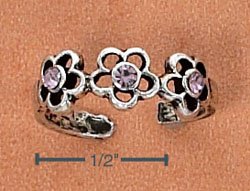 STERLING SILVER TRIPLE DAISY W/ 3 PINK CRYSTALS TOE RING