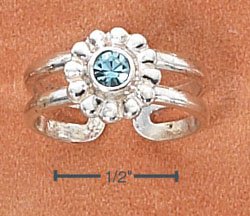 STERLING SILVER LARGE FLOWER W/ AQUA BLUE CRYSTAL CENTER TOE RING